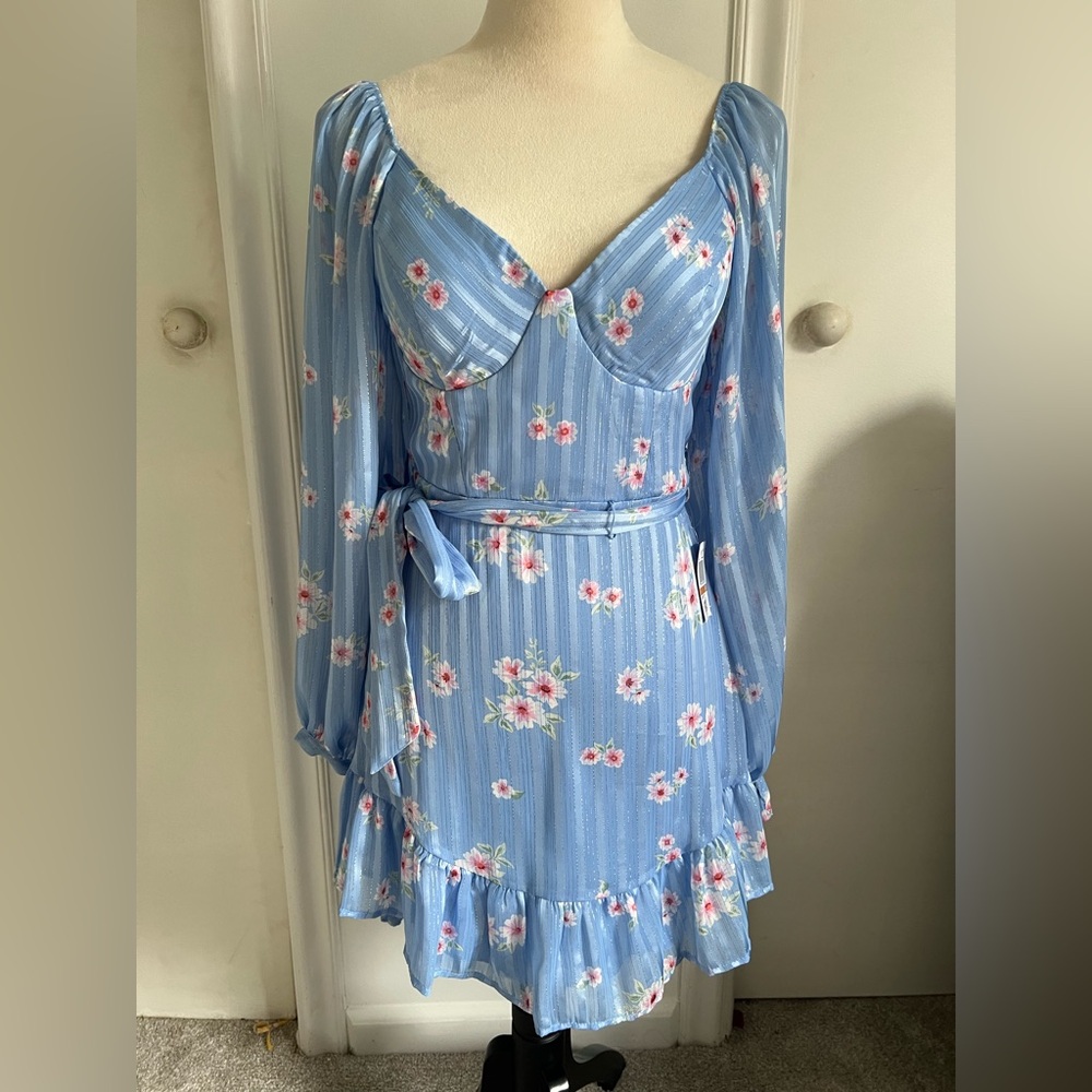 B Darlin Light Blue Floral Long Sleeve Wrap Dress